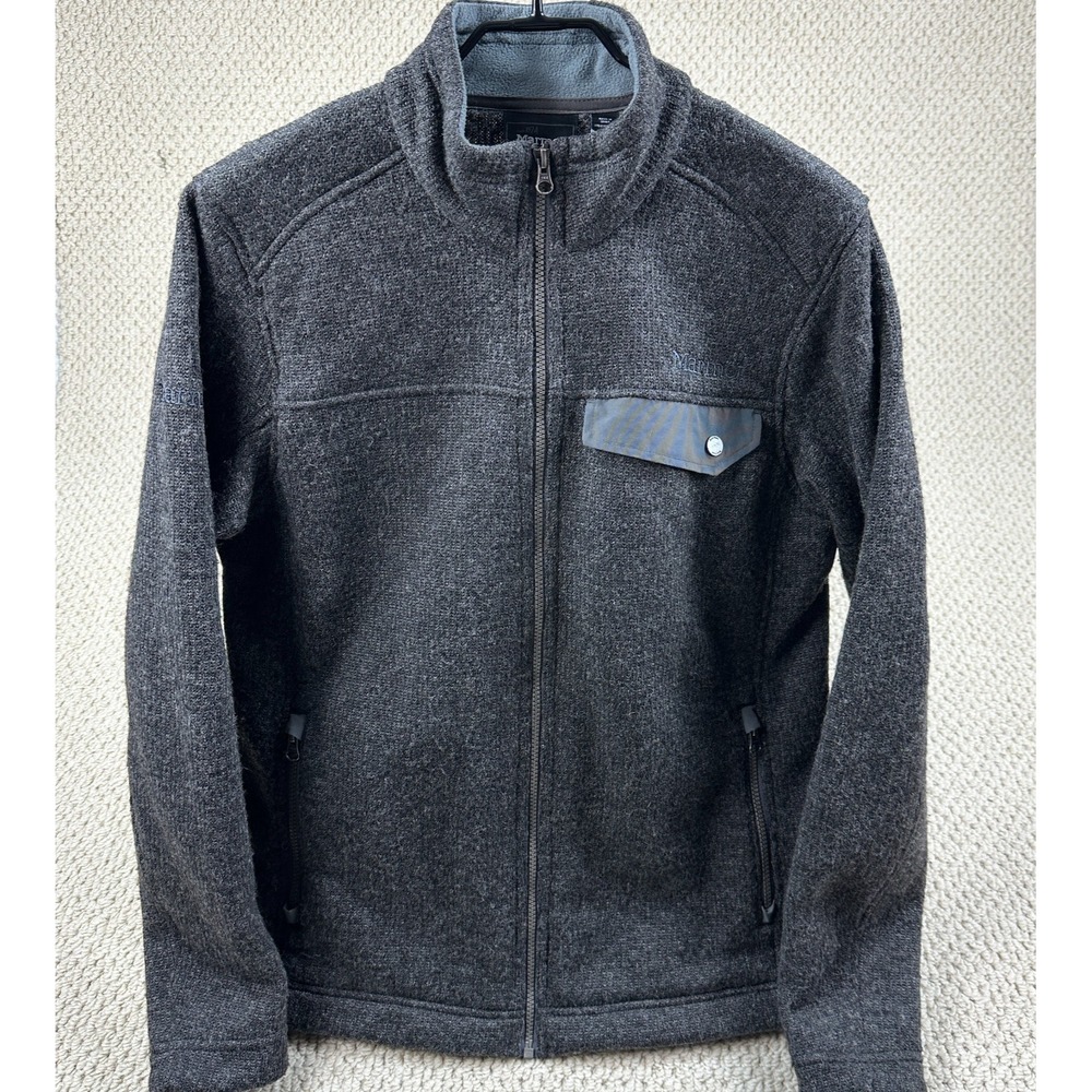 Marmot Jacket Mens M Charcoal Gray Wool Blend Knit Fleece Lined Full Zip Hiking